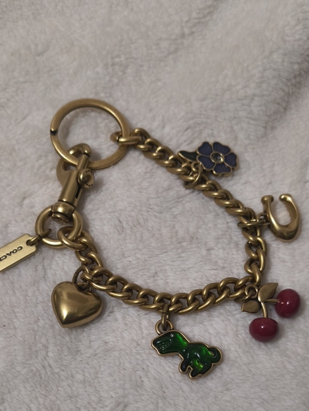 Coach Gold-Tone Charm Strap Extender w/ Green Dinosaur and Red Cherry Enamel NWO